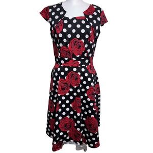 STUNNING HomRain 1950s Style Rose & Polka Dot Retro Swing Dress M Rockabilly